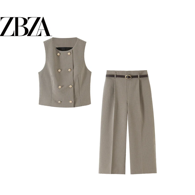Vintage Plaid Belted Short Vest Pants Set Women's Fashion Autumn Collection No Brand Label Two Piece Ensemble