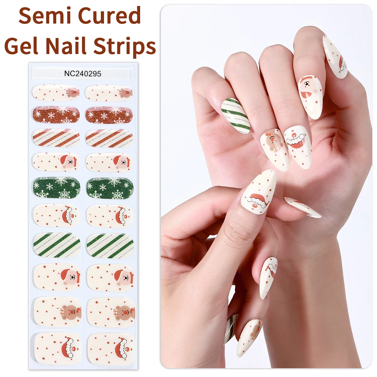 20Tips Christmas Luminous Semi-Cured Gel Nail Strips Snowflake Bear Bell Gel Nail Stickers For New Year Manicure UV Nail Wraps