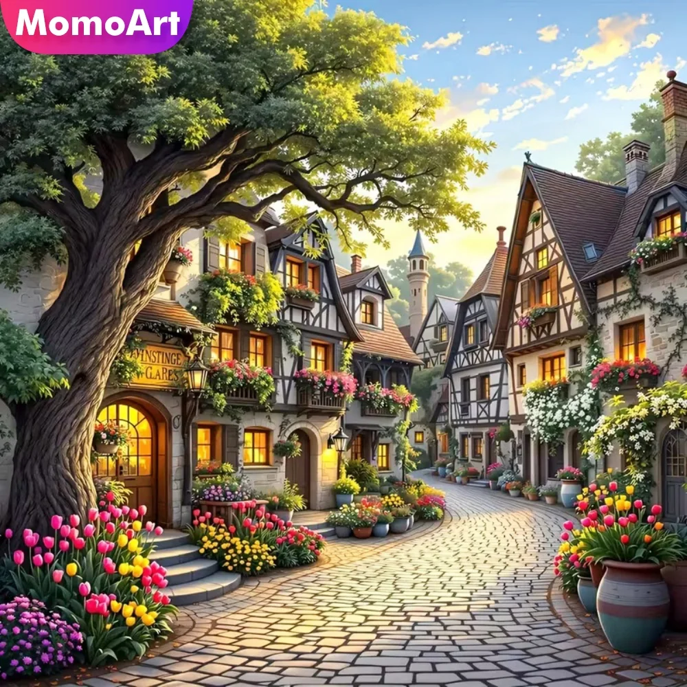 Momoart New Arrival Diamond Painting House Landscape DIY Cross Stitch Kits Diamond Mosaic Street Tree Needlework Decor for Home