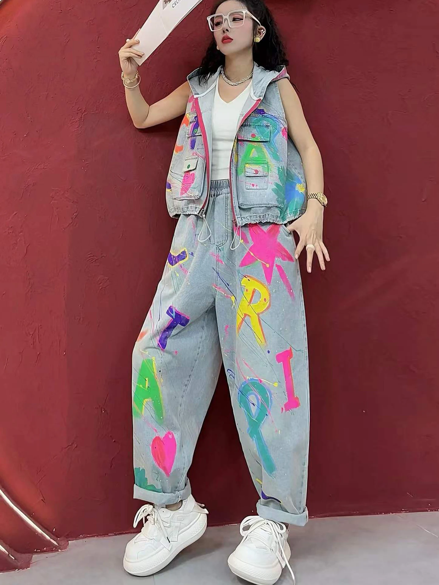 

Fashionable Glitter Denim Set Women's Hooded Tank Top Korean Style Harlan Pants Long Painted Trendy Outfit