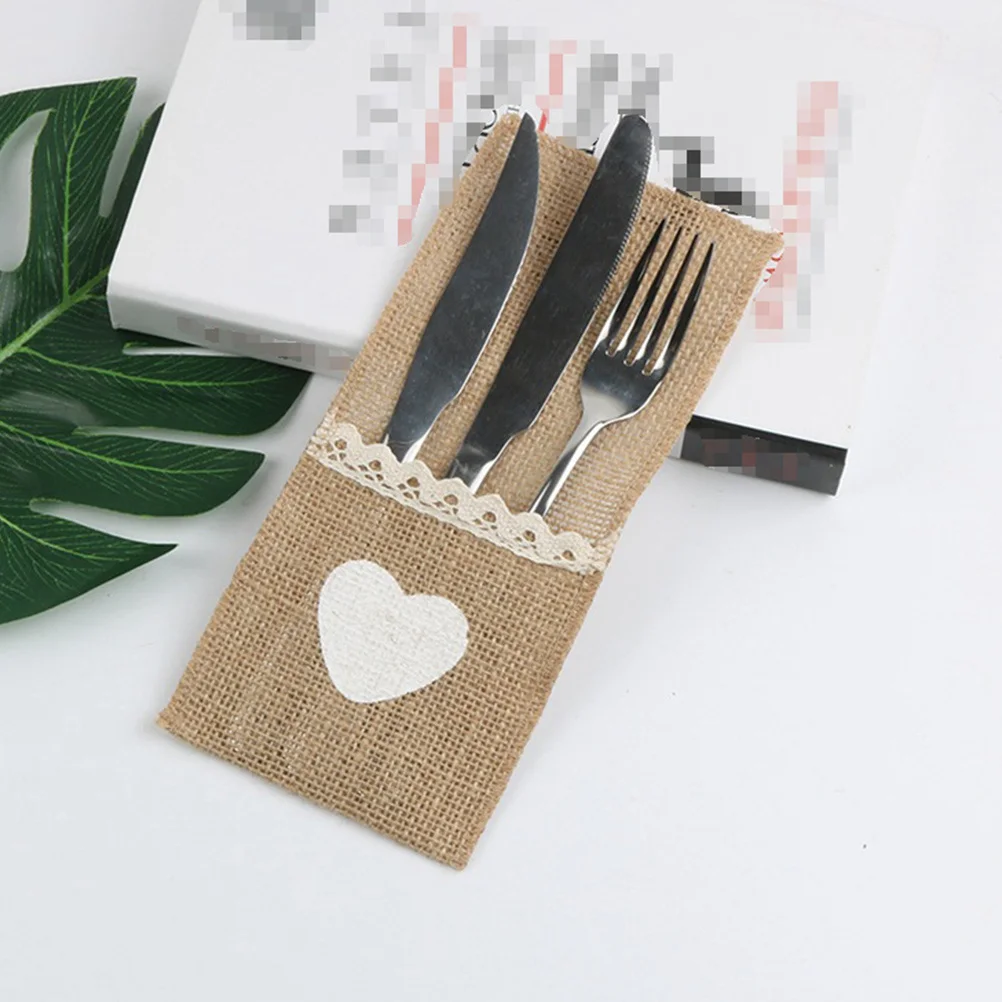 

5Pcs Vintage Linen Cutlery Holder Bags Lace Fork Cover Tableware Pouch for Wedding Home Party Dinner Decor Lace Cutlery Holder