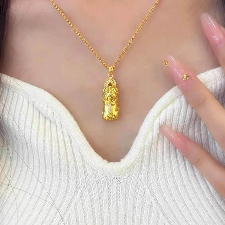 9999 gold ancient-style gold-set-diamond compass-shaped golden staff with rotatable pendant necklace, multiple-layered,