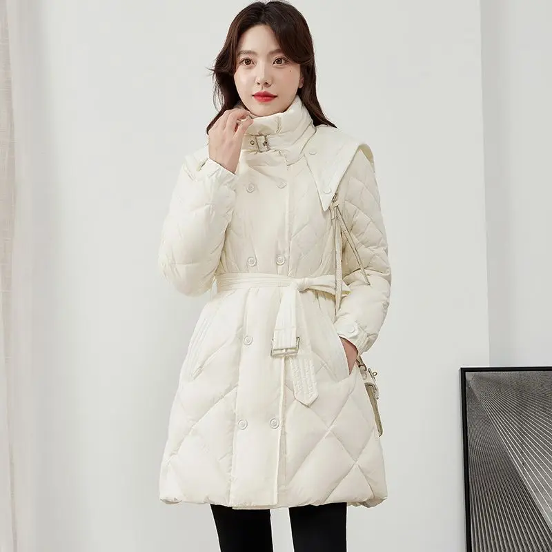 

2025 New Women Thick Warm 90 White Duck Down Coat Stand Collar Hooded Winter Coat