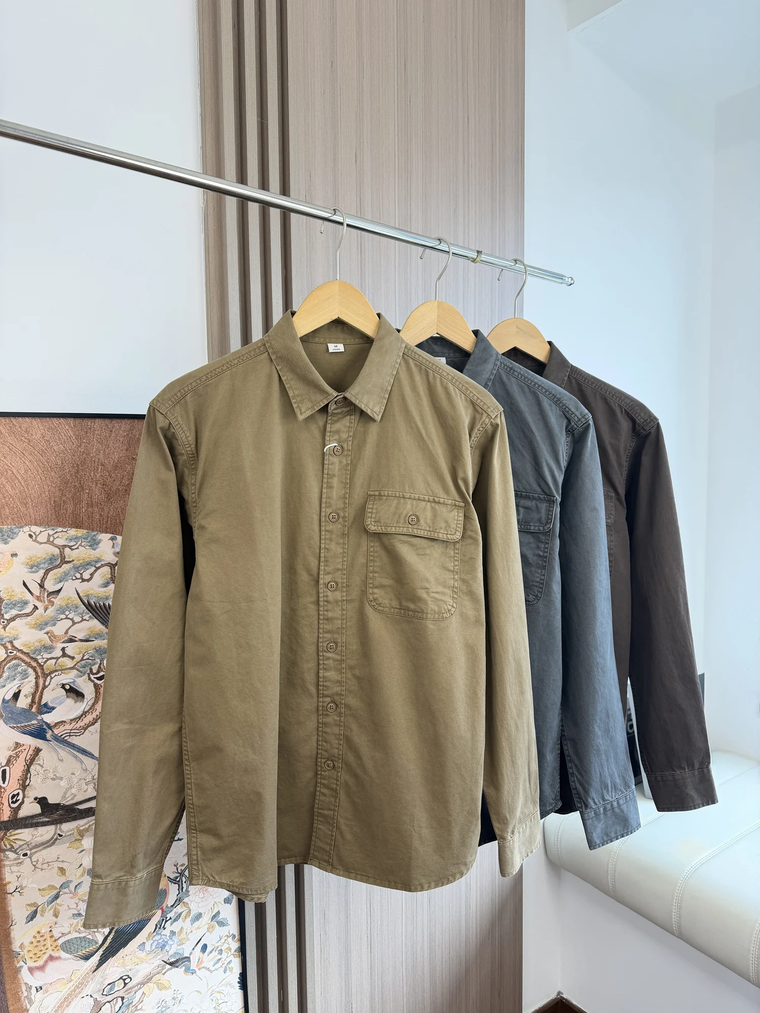 

Retro American Khaki Cotton Work Shirt Men's Casual Washed Pocket Spring Fashion Anti-Wrinkle Long Sleeve Button up Shirt