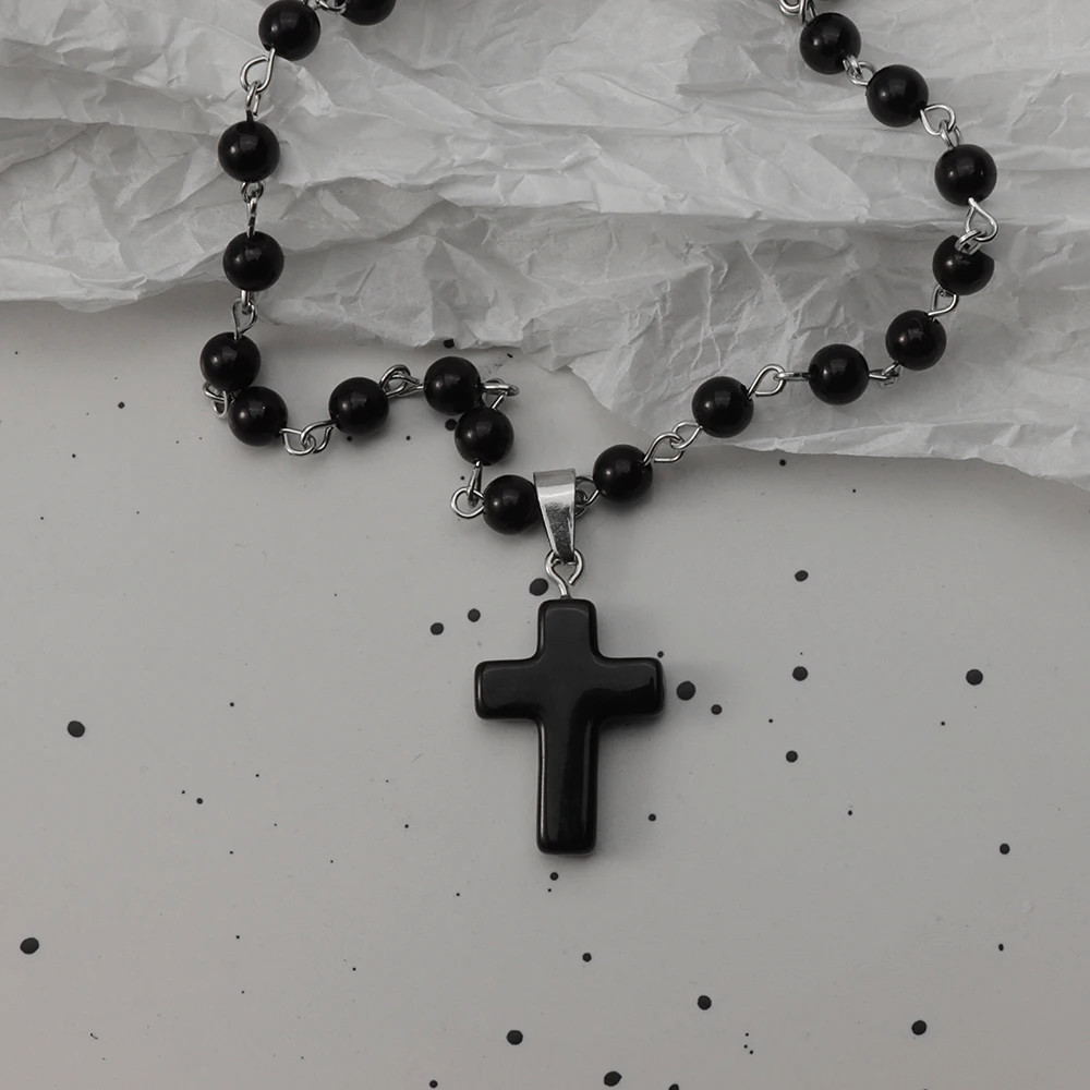Gotische Vleermuis Kruis Donkere Hanger Ketting Set, Y2K Gepersonaliseerde Doorn Liefde Zwarte Kraal Gestapelde Ketting Set, Geschikt als Halloween G