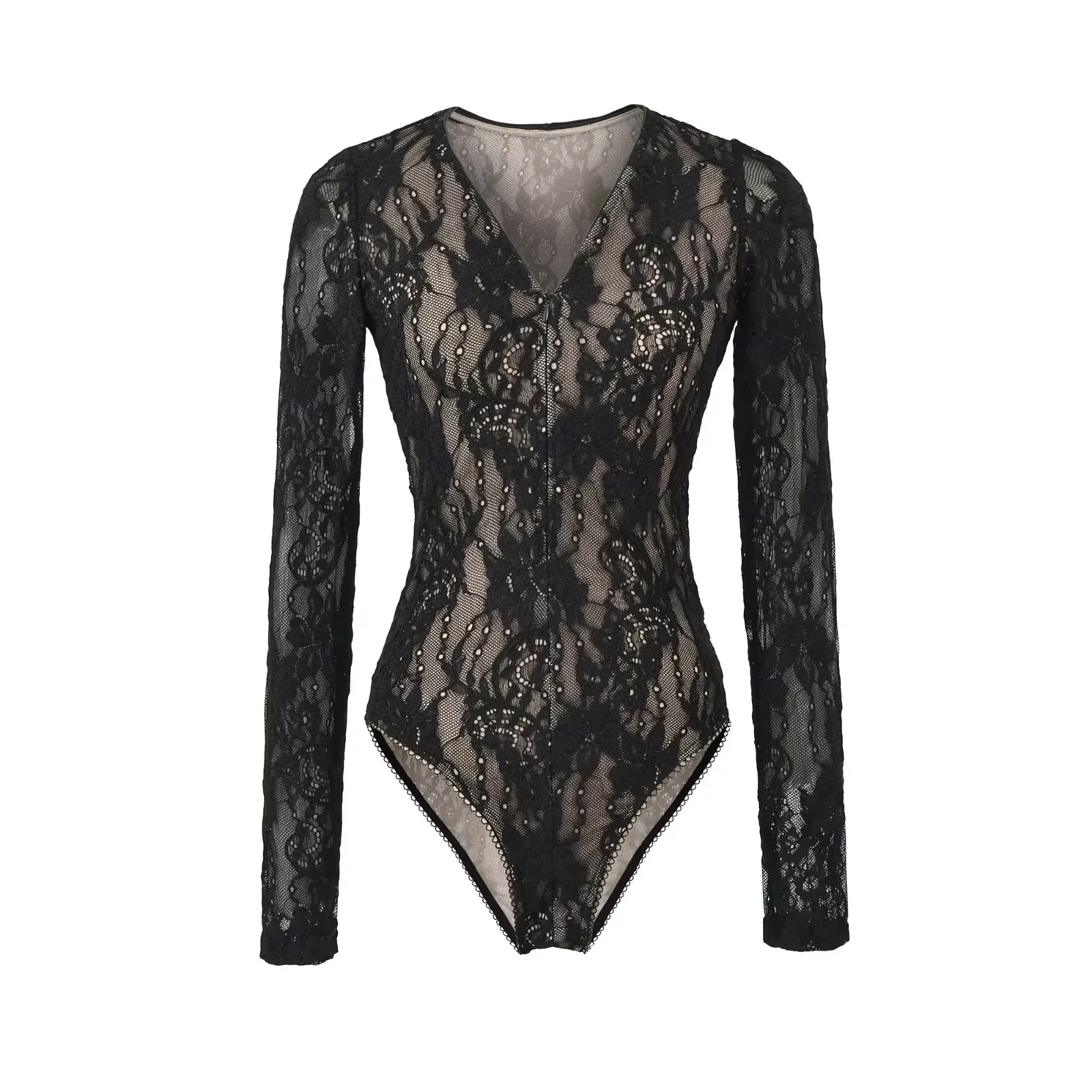 

Women's Faionable Deep V Ne Casual Long Sve Double Layer Emed Zipper V Ne Jumpsuit High Waist Straight Cut Cotto...