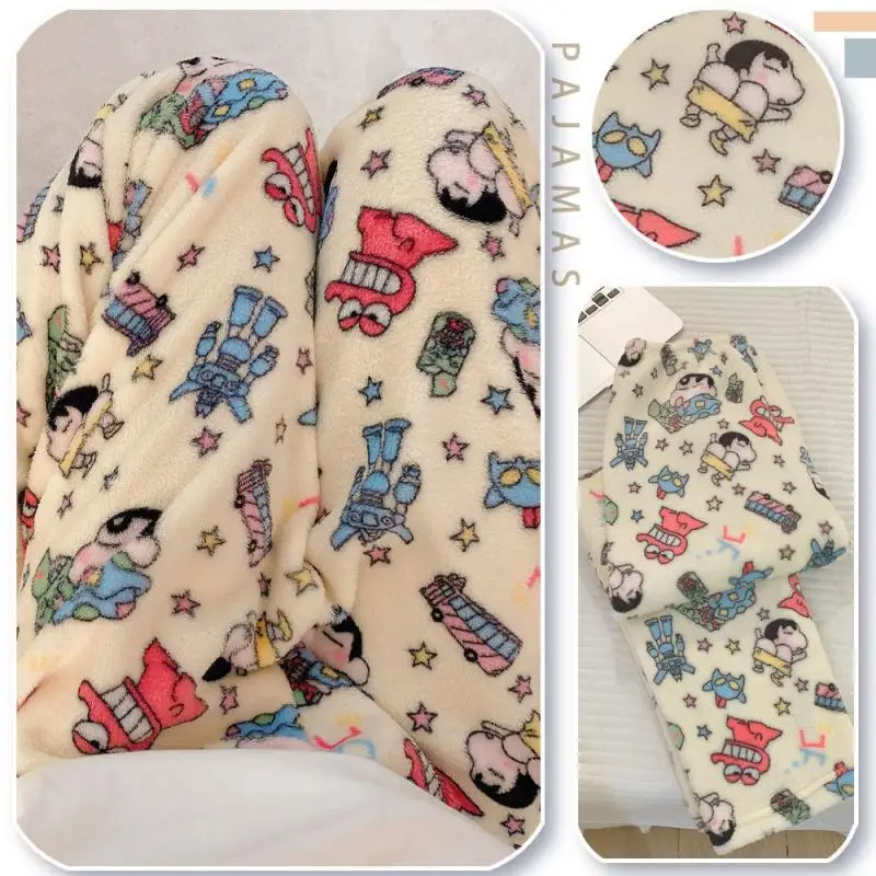 Crayon Shin-Chan Sleeping Pants for Women Winter Flannel Cartoon Warmth Leisure Time Coral Fleece Pants Home Pants Gift for Girl