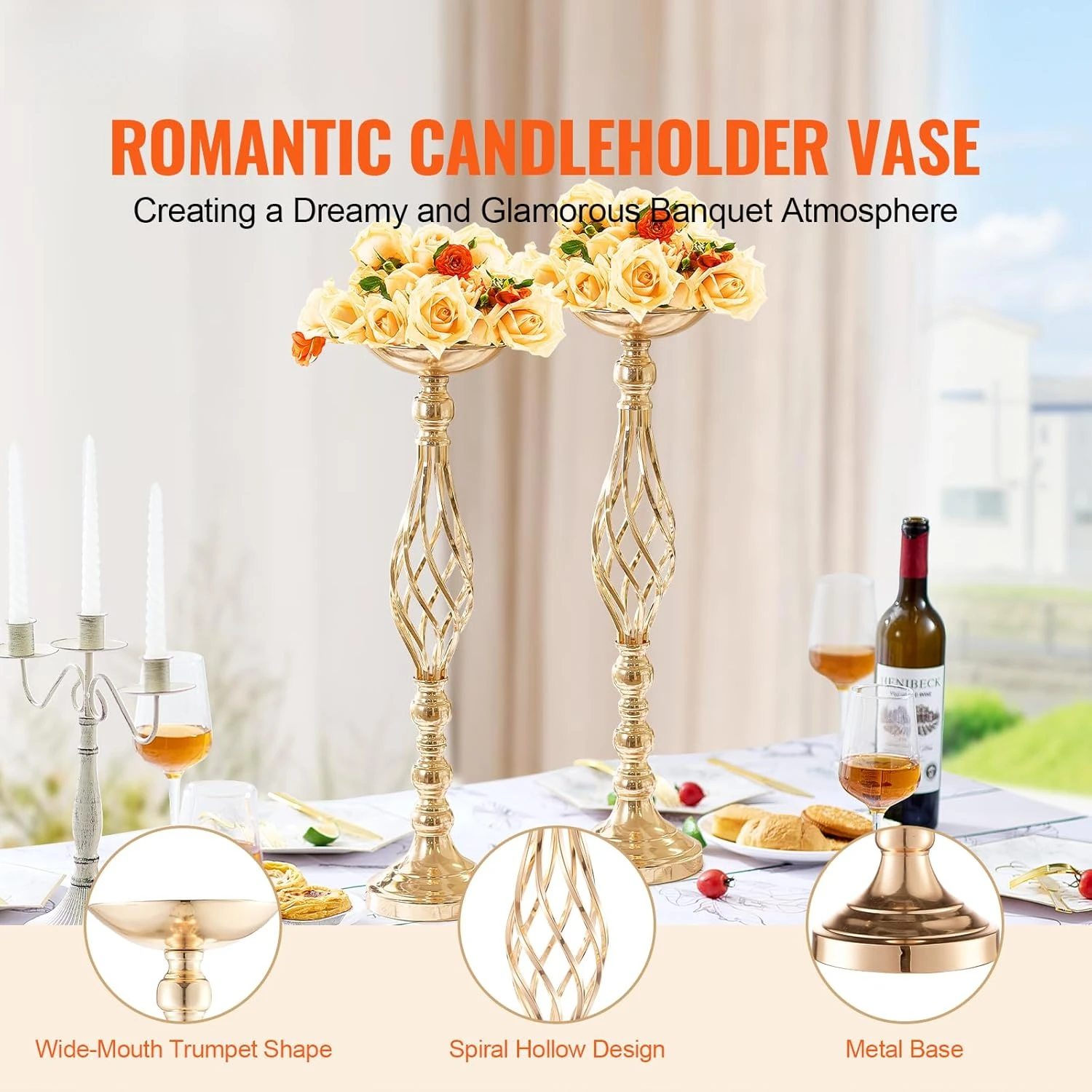 

20PCS 58cm/22.83” Tall Wedding Flower Vase, Metal Wedding Centerpiece, Gold Floral Arrangement Stand Display Rack for Tables