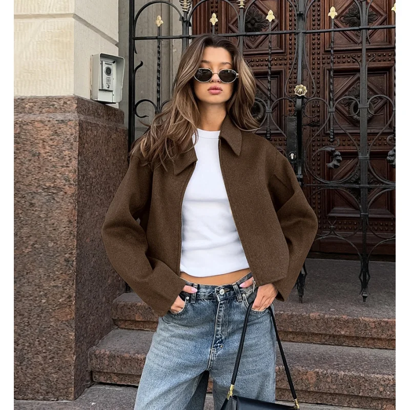 Autumn and winter fashion lapel long-sleeved zipper woolen coat 2024 European and American loose casual jacket