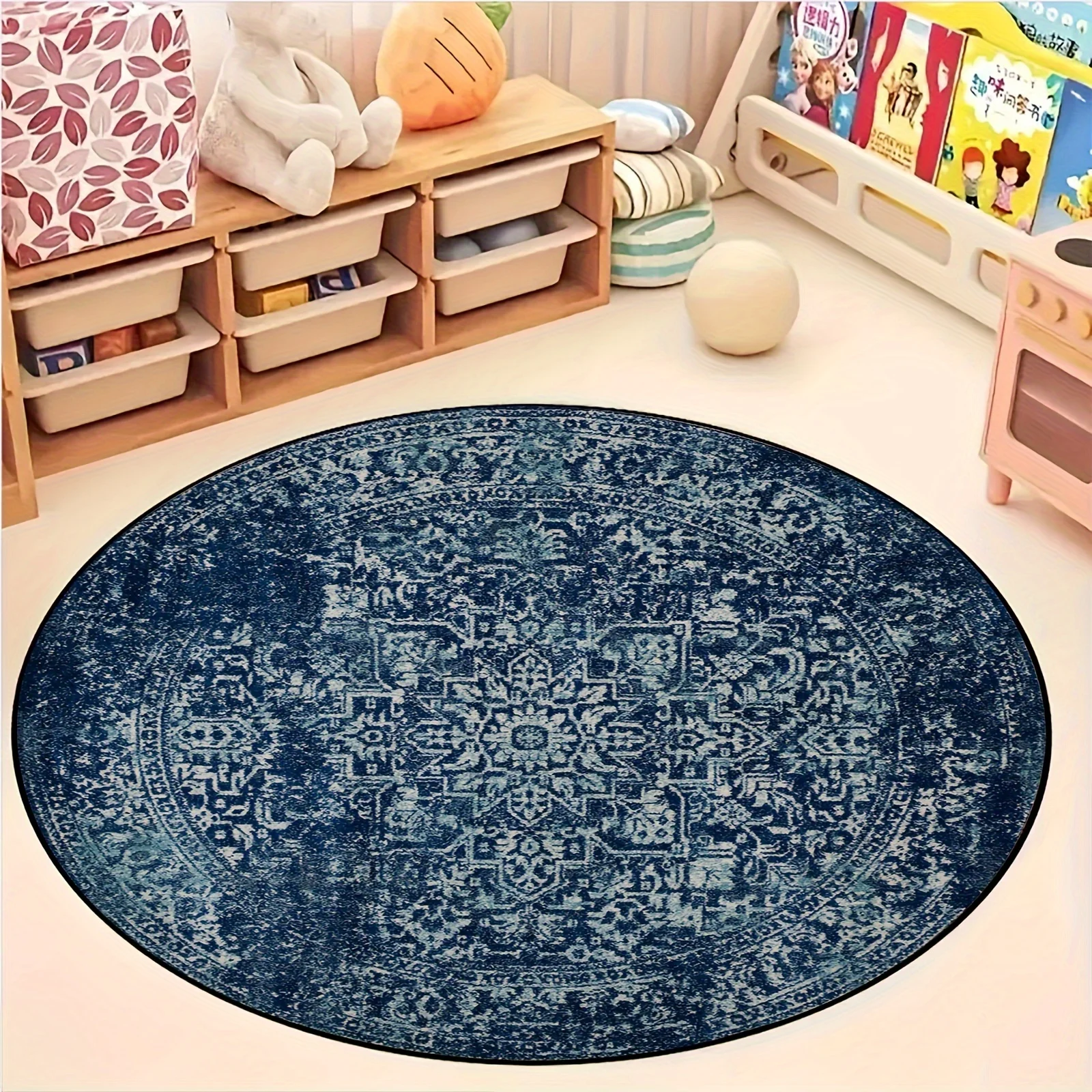 Round 2D Flat Print Doormat – Soft Absorbent Polyester Rug with Antique Ethnic Pattern & Dark Blue Intricate Design