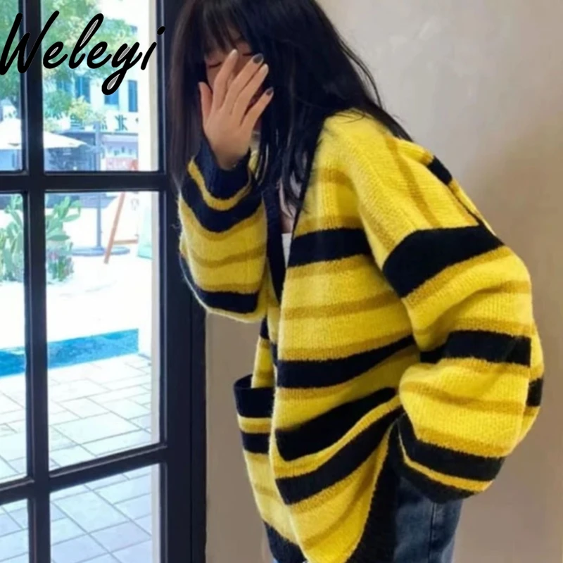 

Popular Striped Yellow Cardigan Sweater Ladies Cardigans Autumn Clothes 2024 New Loose Long Sleeve Knitted Sweaters for Women