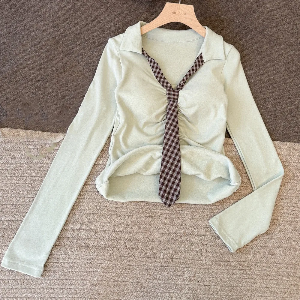 Camiseta de algodón de manga larga con efecto de corbata falsa, estilo patchwork, estilo chica picante, tops cortos ajustados de verano, chaleco de mujer con cuello sencillo y diseño de cuadros