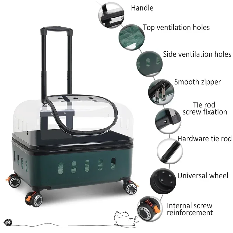 Pet Trolley Box Dog Cat Portable Pet Carrier with Wheel Telescopic Handle Large Transparent Cat Dog Carrier Travel Space Capsule