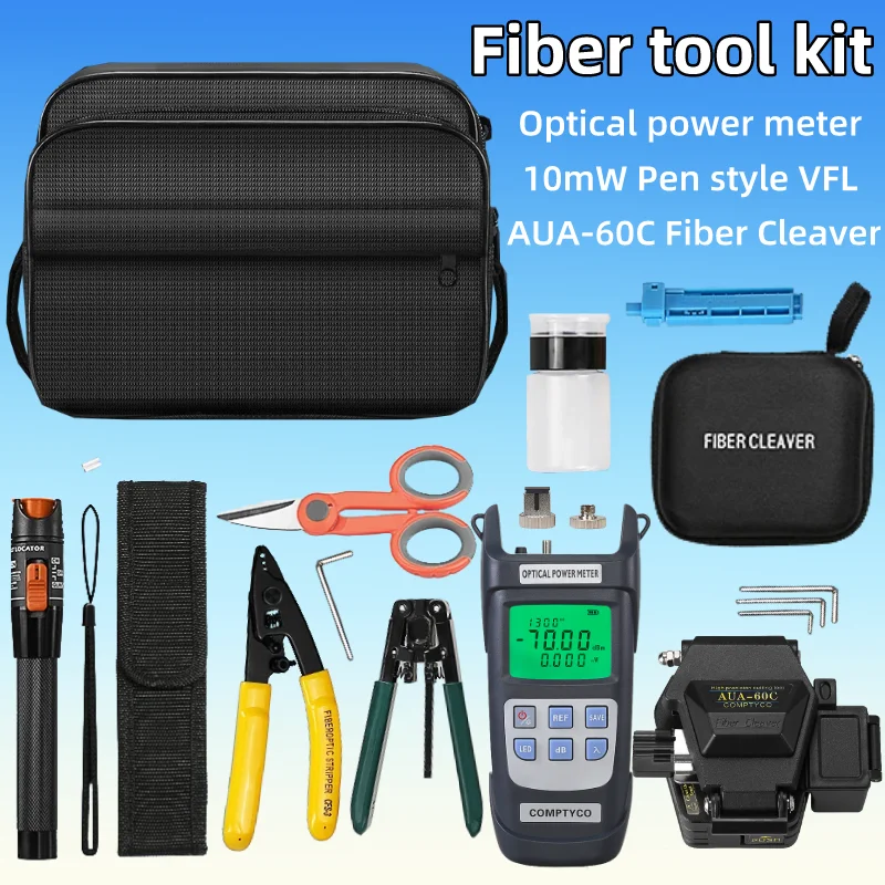 

FTTH Fiber Optic Tool Kit With AUA60C Fiber Cleaver Optical Power Meter Fiber Stripper Aramid Scissors 10mw Visual Fault Locator