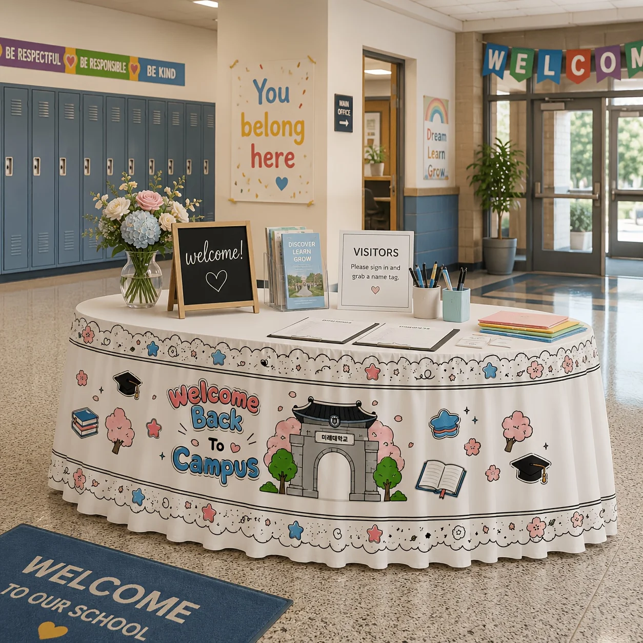 Table skirt 1 piece. Welcome back to school! This is a printed polyester table skirt for the cherry blossom graduation season.
