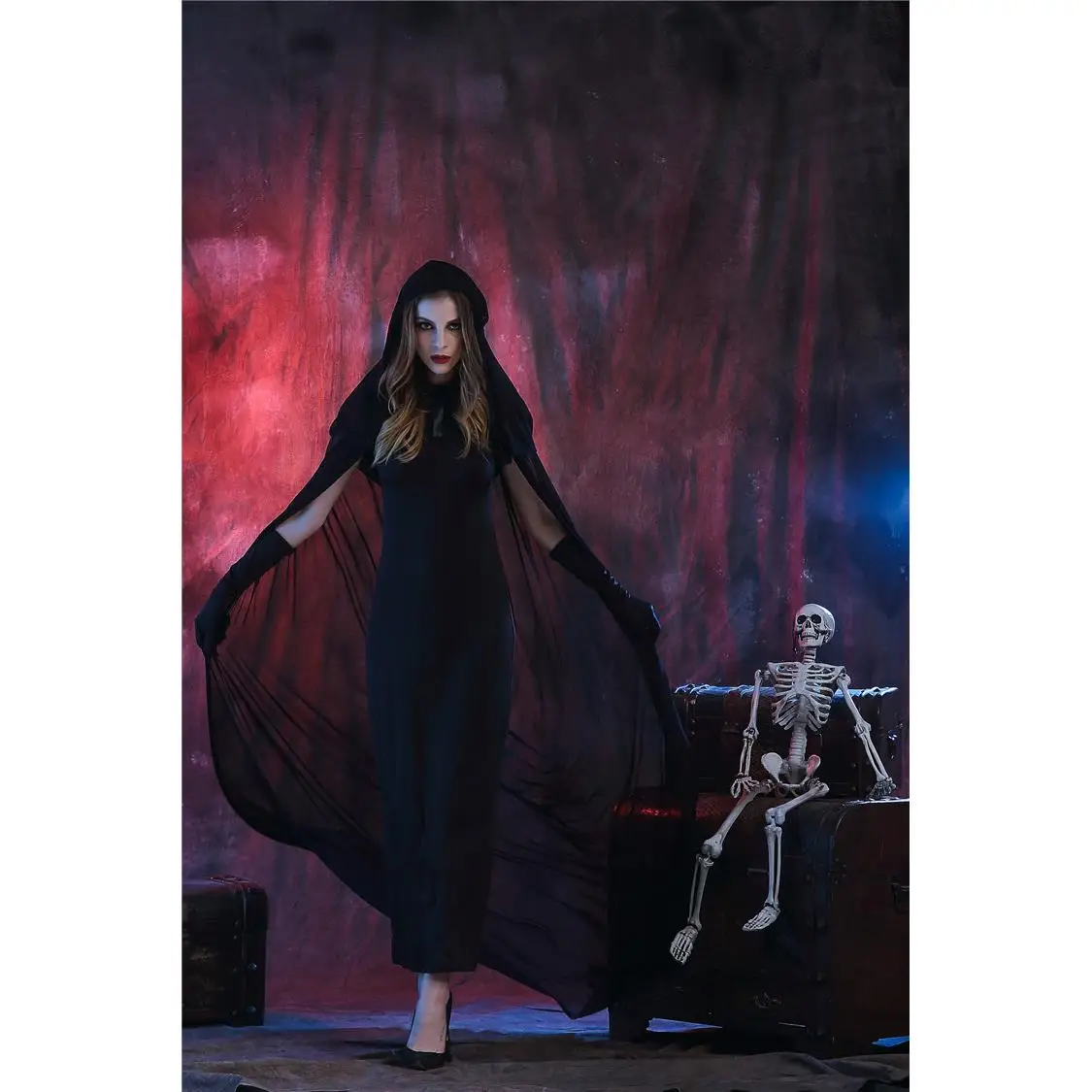 大人の魔女コスチューム ハロウィンメイク ダンス服 ブラックデス ヴァンパイア コスプレ衣装 女性の伝統的な中国の舞台衣装