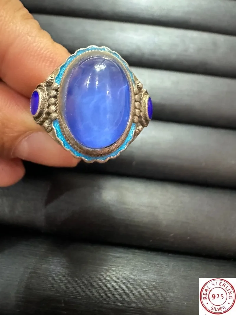 

Tibetan Silver Cloisonne Ring, Inlaid Blue Star Sapphire, Retro Ethnic Style, Adjustable Open Band, Unisex Vintage Finger