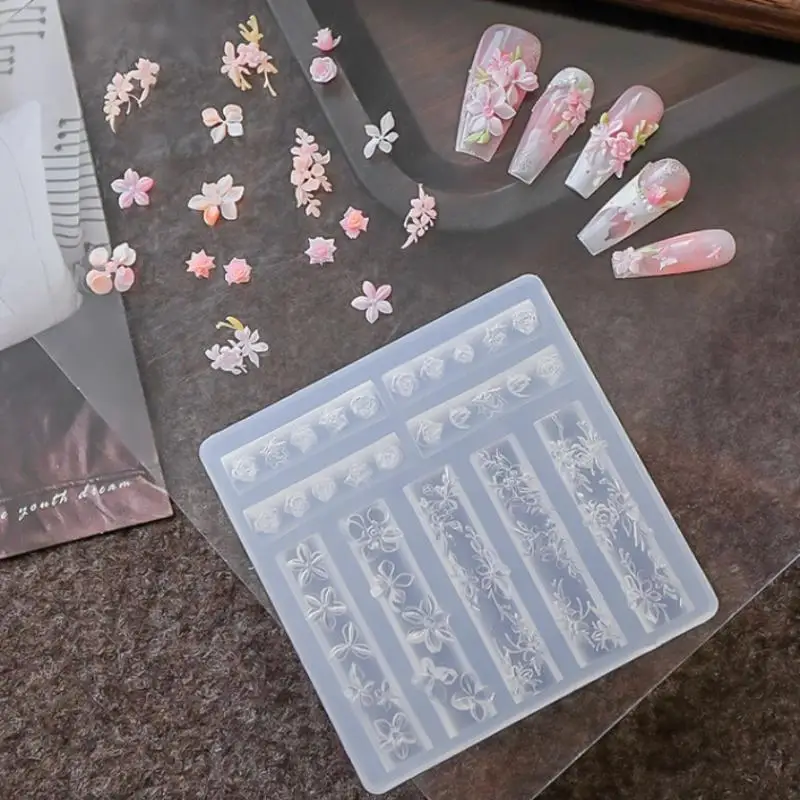 Moule pour Nail Art à faire soi-même, sculpture 3D, fleur incurvée, chaîne de perles, modèle en Silicone hautement Transparent, décorations de manucure, bricolage