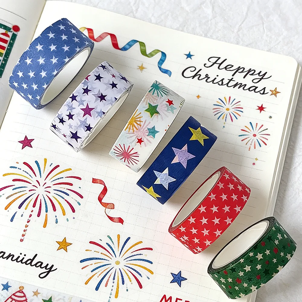 6 Rollen Star Washi Tapes Starry Stars Dekoratives Papierklebeband, selbstklebend, 1,5 cm x 5 m, Multi Dots Plaid Bubble Pattern Masking Tape A3354