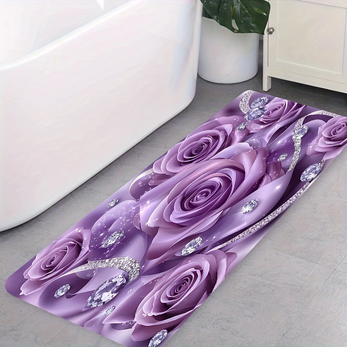 Luxury Purple Rose Floral Doormat Entrance Mat Waterproof Glitter Crystal Rhinestone Decor Rug for Home Bathroom Entryway Area
