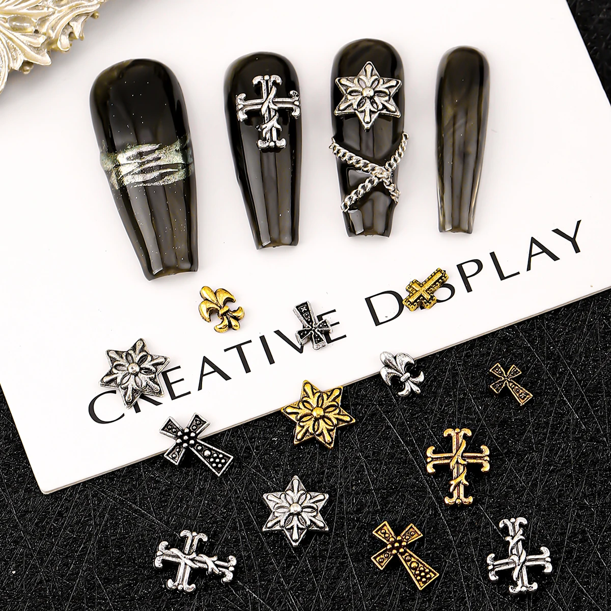 120pcs / 1 box Dark vintage Cross nail or y2k Advanced Metal Style Alloy Cross Nail patch Gold & Silver Cross Decor Set