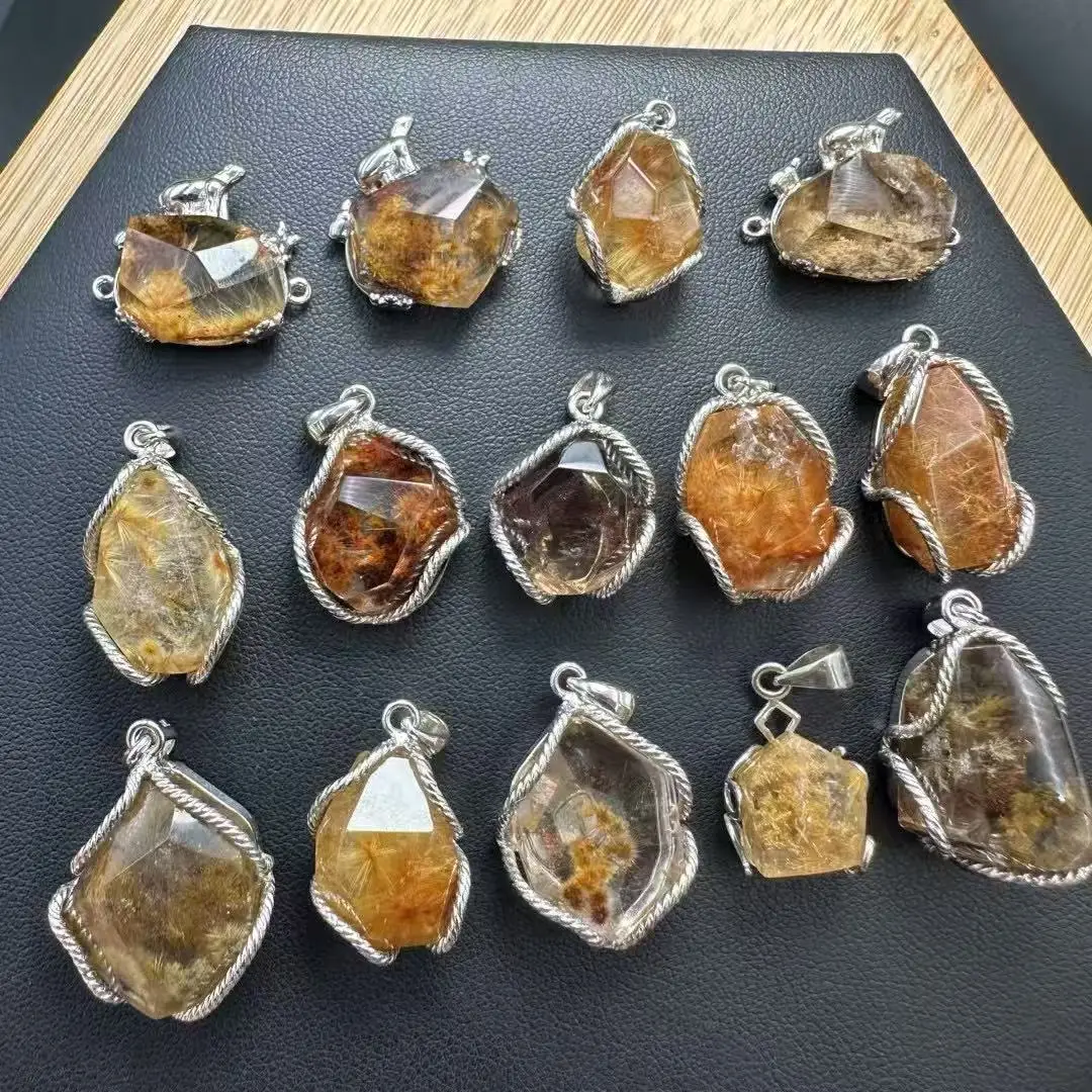 

Unit One Piece 925 Silver Inlay Natural Sunflower Quartz Crystal Free Form Pendant for Gift