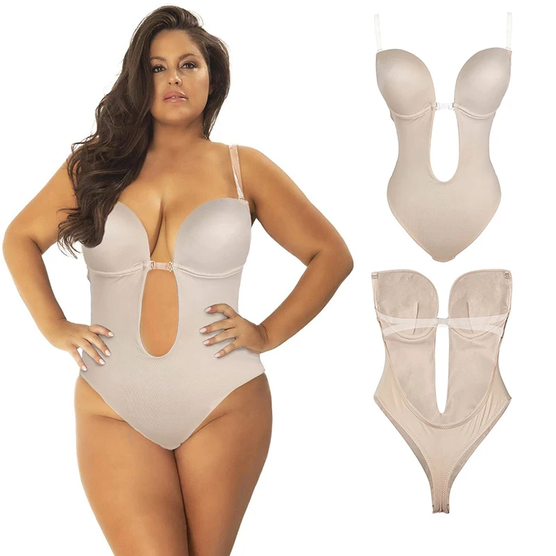 Full Body Shapewear Deep V-Neck Body Shaper Backless U Plunge Thong Underwear Women Clear Strap Padded Push Up Corset Invisible