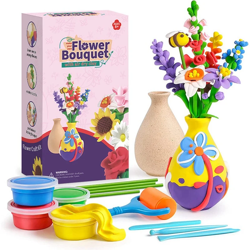 Kit de artesanato de flores para artesanato infantil e conjunto de arte, kit divertido diy para crianças, lembranças para festa de dia das mães, vaso e botão, flores, artesanato durável