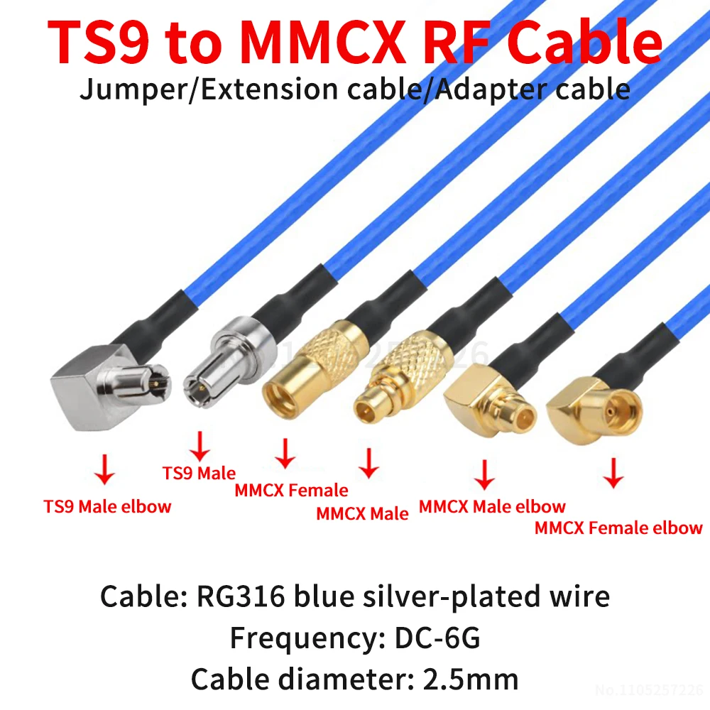 (1 pcs) TS9 to MMCX Male / Female (Ultra-flexible RG316 blue RF adapter cable) TS9 to MMCX signal extension cable