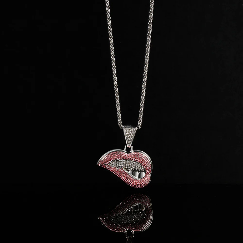 

Men's hip-hop full drill three-dimensional big lip pendant necklace full of drill pink lip cool hip-hop Cuban chain pendant goth