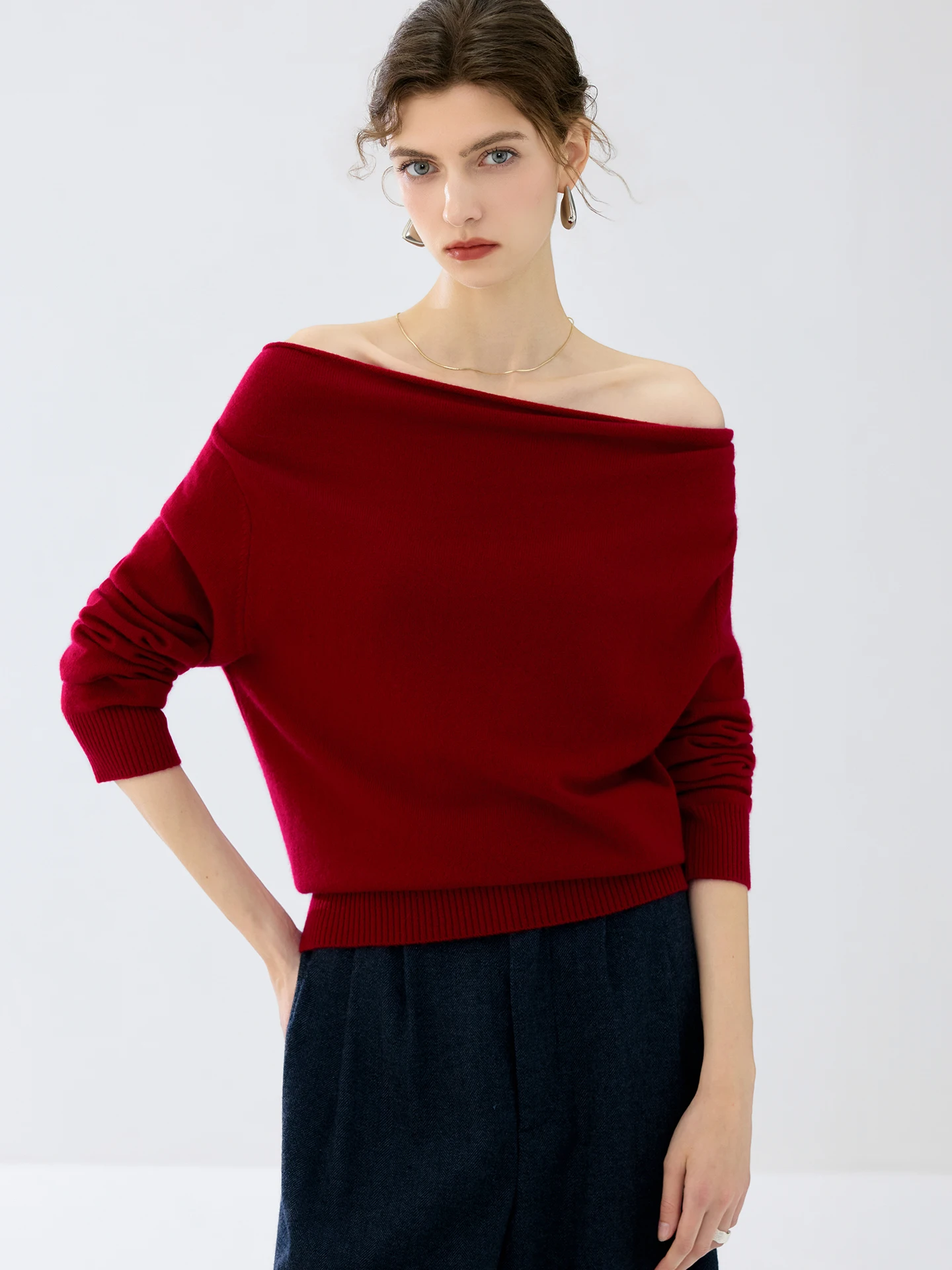 Elegant Draped Off‑Shoulder Knit Top Loose Fit Women's 100% Cashmere Pullover Soft Warm Female Basic Tops
