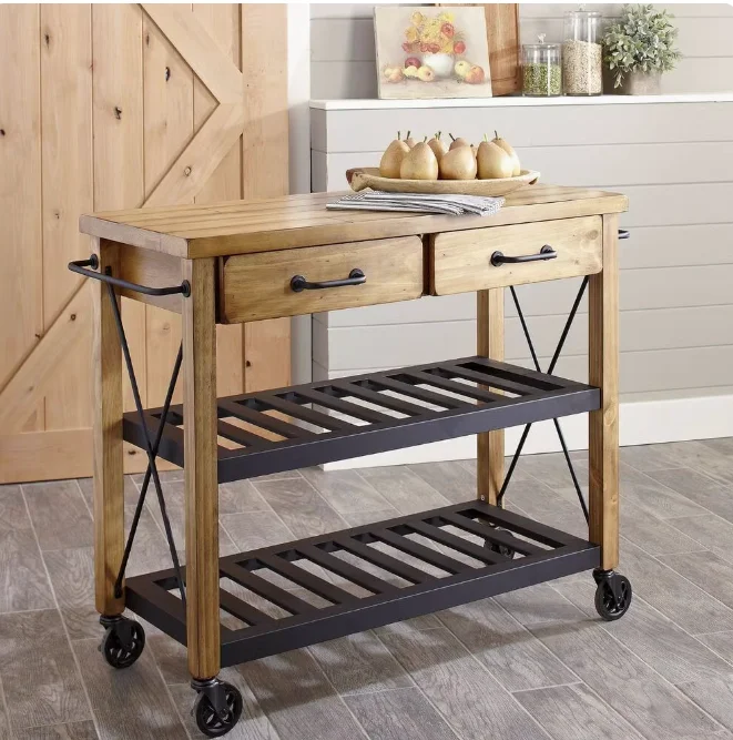 Classic rubber wood kitchen island cart with a wooden top