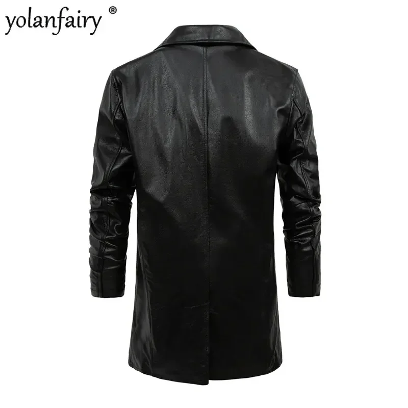 YOLANFAIRY Genuine Leather Jacket Men Pure Top Layer Cowhide Jacket Leather Windbreaker Mid Long Casual Leather Coat Casual Coat