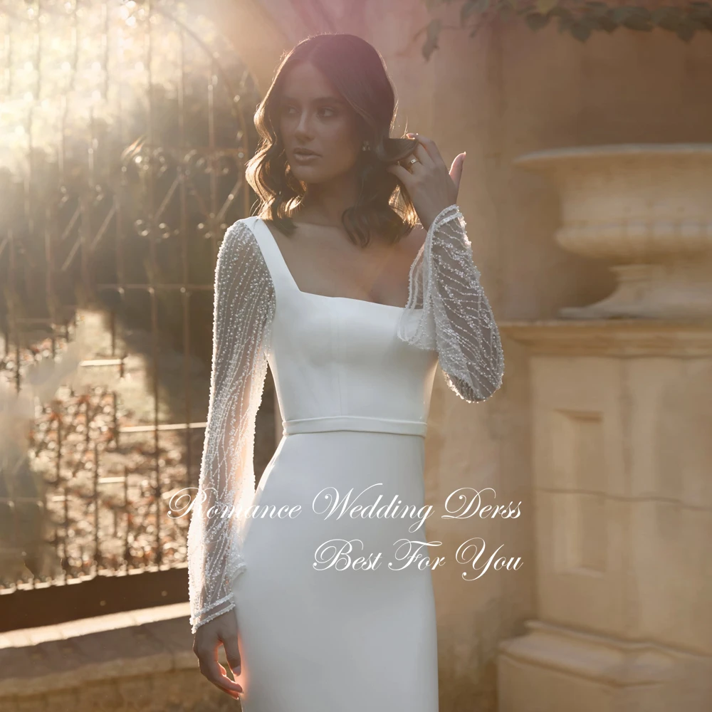 Elegancka suknia ślubna typu syrena z kwadratowym dekoltem, koronkowymi długimi rękawami, odkrytymi plecami i trenem zamiatającym, suknia ślubna Vestidos De Novia, możliwość personalizacji.