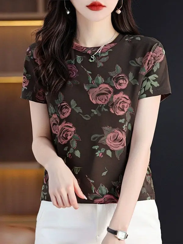 

Женская футболка с коротким рукавом и цветочным принтом в стиле ретро, универсальный летний топ для женщин 40-49 лет, повседневный стиль, полиэстер F...