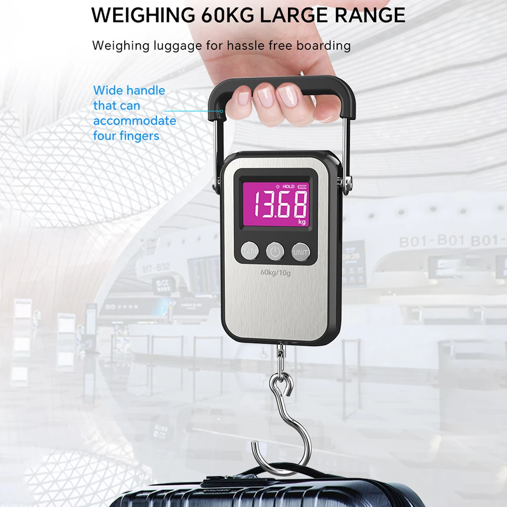 60 กก./10g LCD ตกปลาดิจิตอลขนาดแขวนแบบพกพาชาร์จอิเล็กทรอนิกส์ Hook Scale เครื่องชั่งน้ําหนักกระเป๋าเดินทางเครื่องชั่งน้ําหนัก
