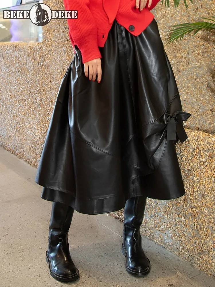 Asymmetrical Design A-Line Genuine Leather Skirt Women Elastic Waist Harajuku Casual Bowknot High Waist Sheepskin Skirts S-4XL