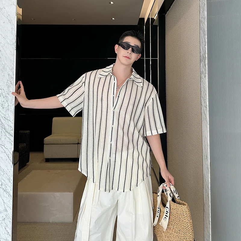 

Men's Casual Striped Hollow out Breathable Short Sleeve Shirt Summer Lightweight Thin Design Drapey Comfortable Fashion Top