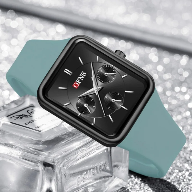 OFNS 여성용 8035 패션 쿼츠 시계, 심플 스퀘어 캘린더, 실리콘 방수, 우아한 손목시계 선물