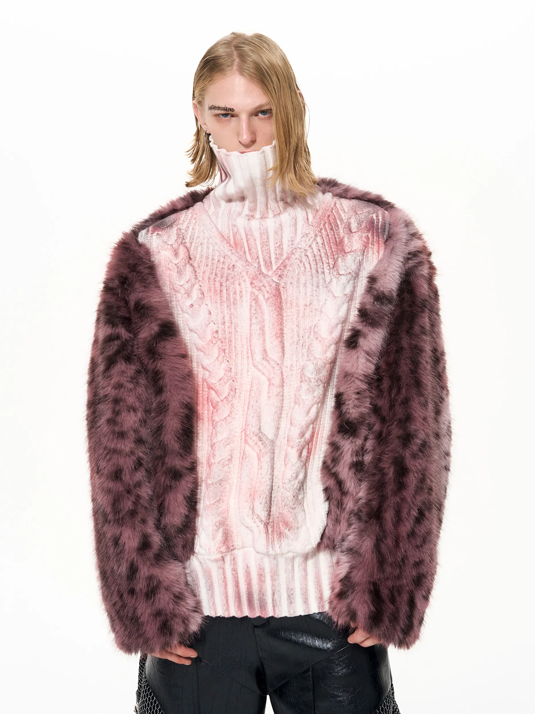 

Thiened Faux Fur Patchwork High Collar Sweater for Men Winter Warm Knitted irt Youth Casual Polyester Long Sve