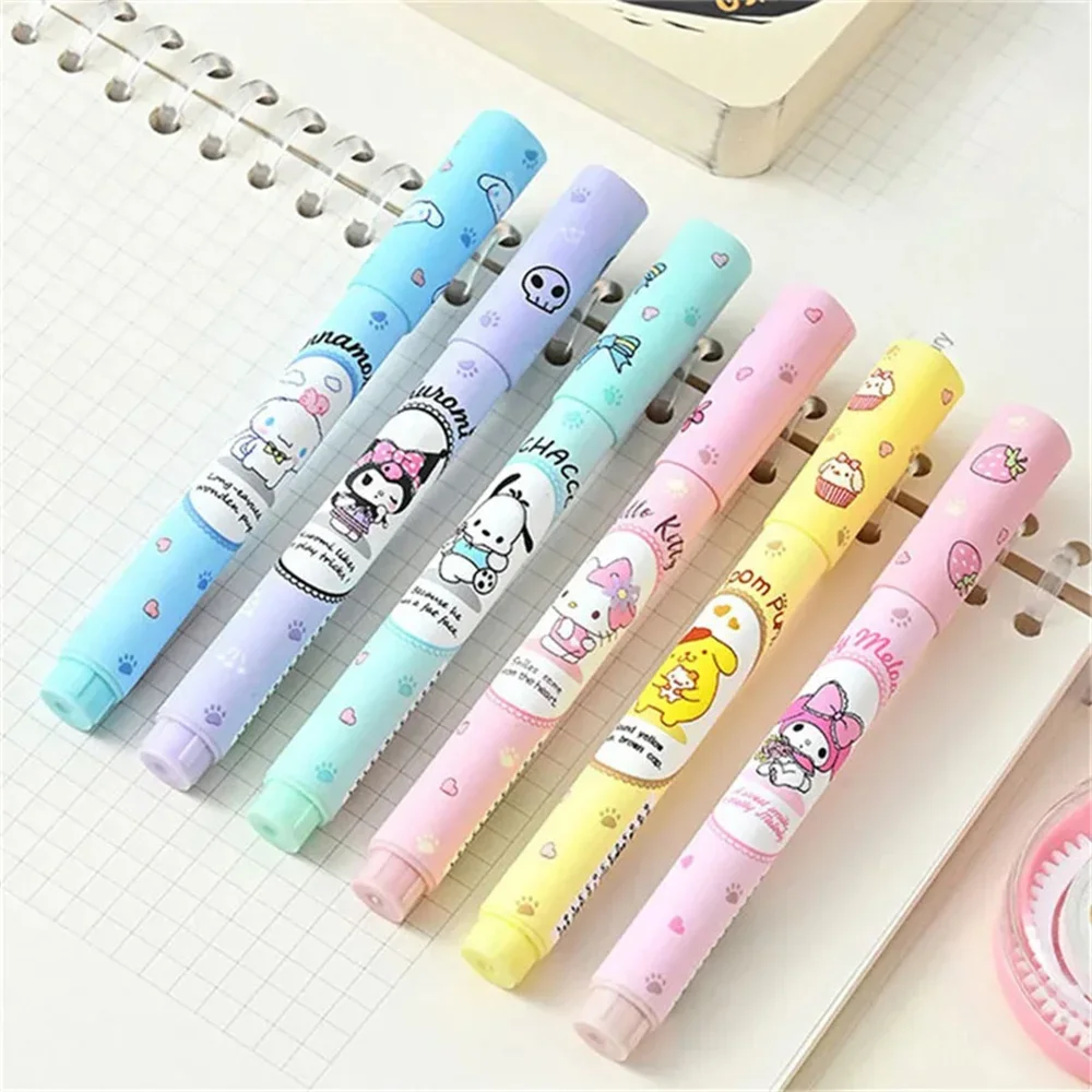 6Pcs/Set Kawaii Sanrio Marking Pen Set Cute Cartoon Hello Kitty Kuromi Melody Cinnamoroll Highlighter Pens Students Stationery