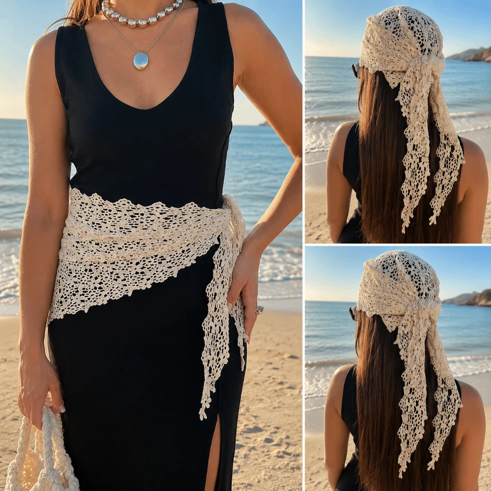 Sweet Sheer Mesh Floral Lace Scarf Solid Color Hollow Design Crochet Headscarf Versatile Strap Neck Scarf For Women Girls