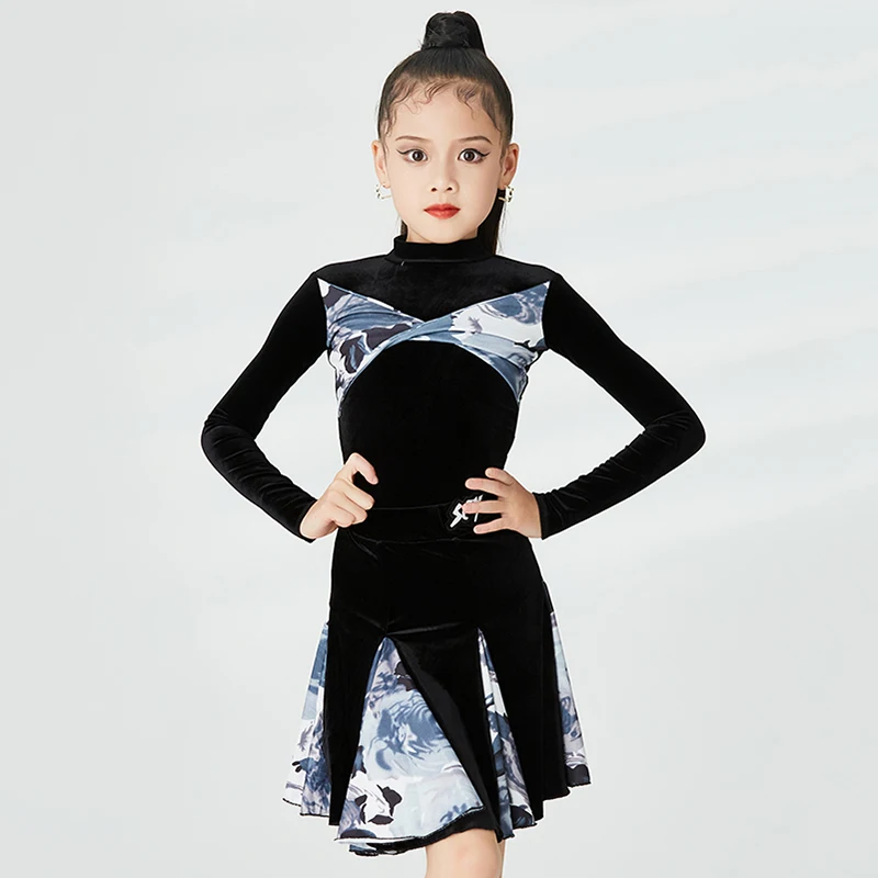 

Black Velvet Long Sleeve Latin Dance Dress Girls Kids Bodysuit with Skirt Practice Performance Set Ballet Dancewear Costume