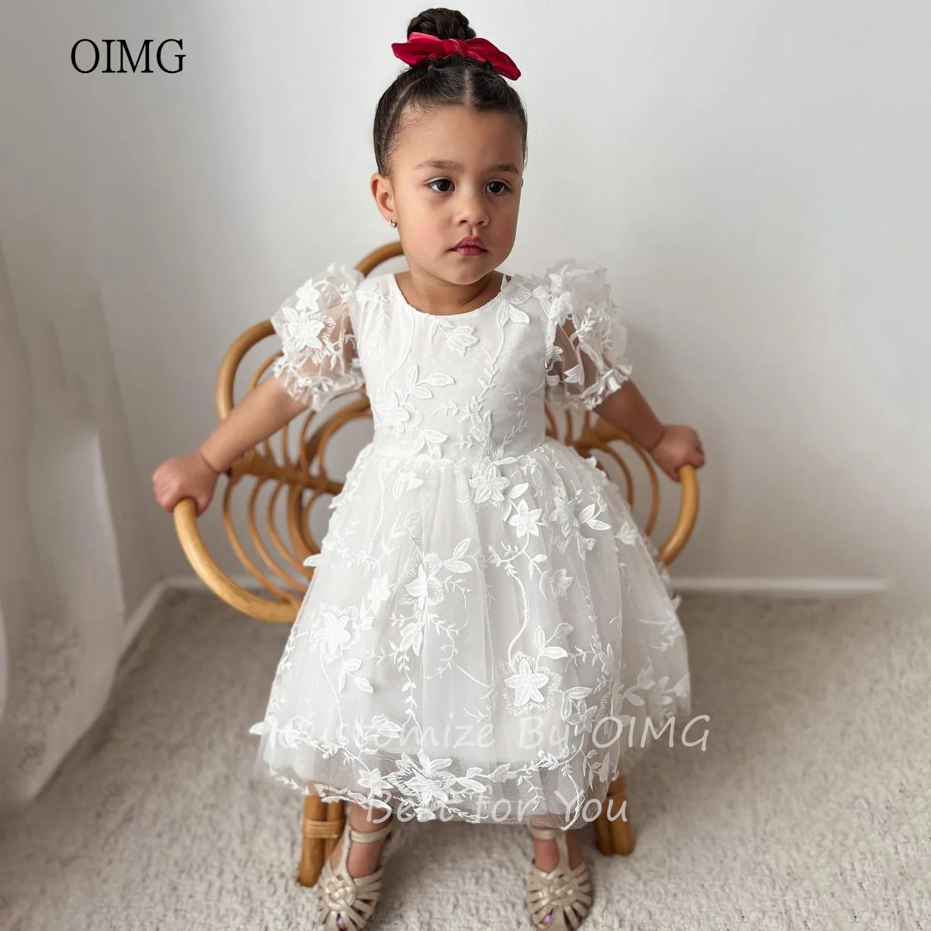 OIMG Cute A-line Flower Girl Dresses Puff Sleeves 3D Flowers Gown Wedding Party Dress Bow Princess Birthday Dress Customized