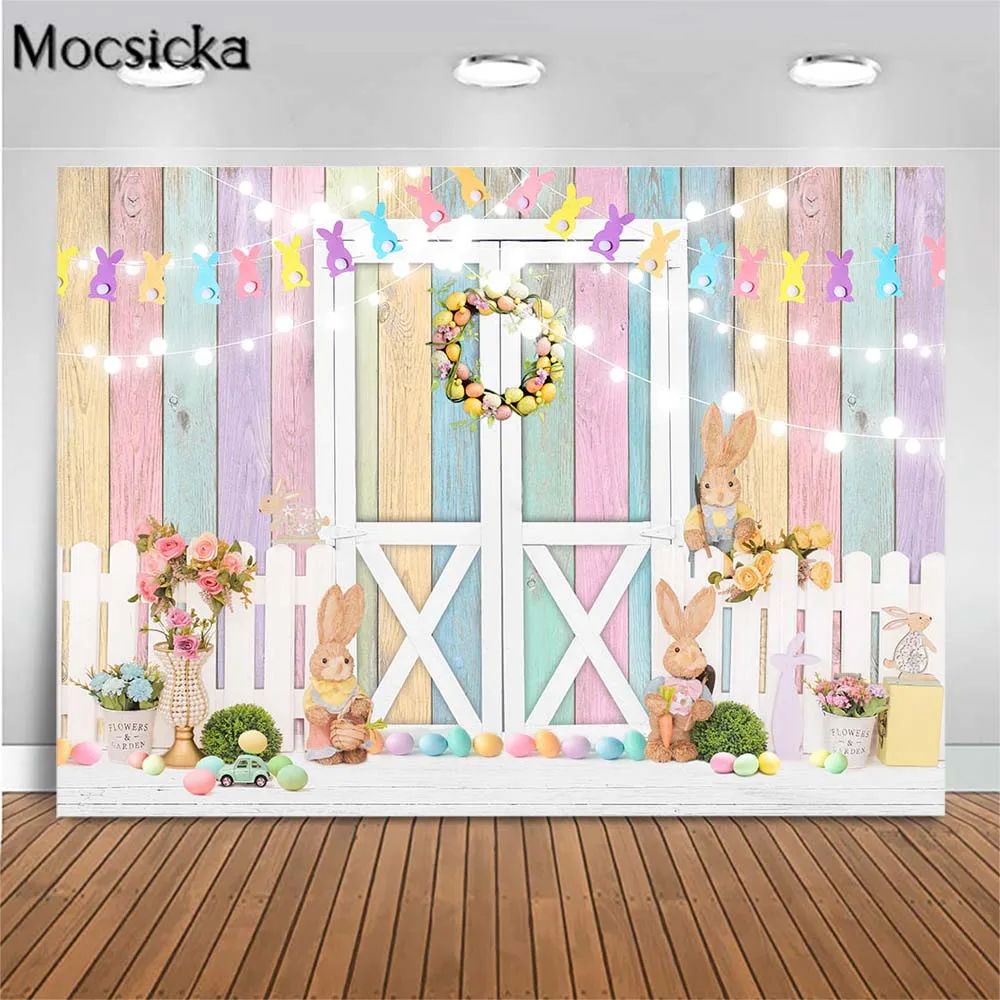 

Mocsicka Easter Bunny Eggs Backdrop Color Striped Wood Wall Fence Baby Birthday Background Photostudio Newborn Photography Props