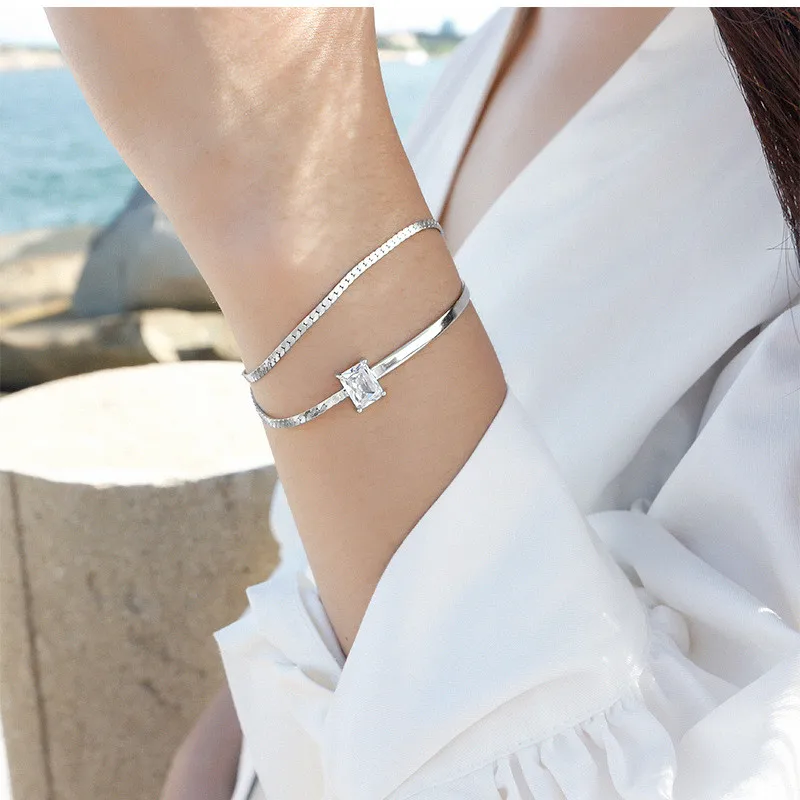 

Real 925 Sterling Silver Bracelets For Women Gifts Fashion Double Layer Chains Bracelets Bangles Cubic Zirconia Fine Jewellery