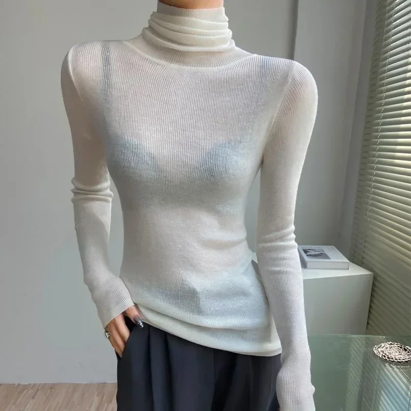 

Slightly Transparent High Neck Bottom Shirt Autumn Winter Fashion Slim Warm Tops Simple Pile Neck Wool Sweater Thin Knit Shirt