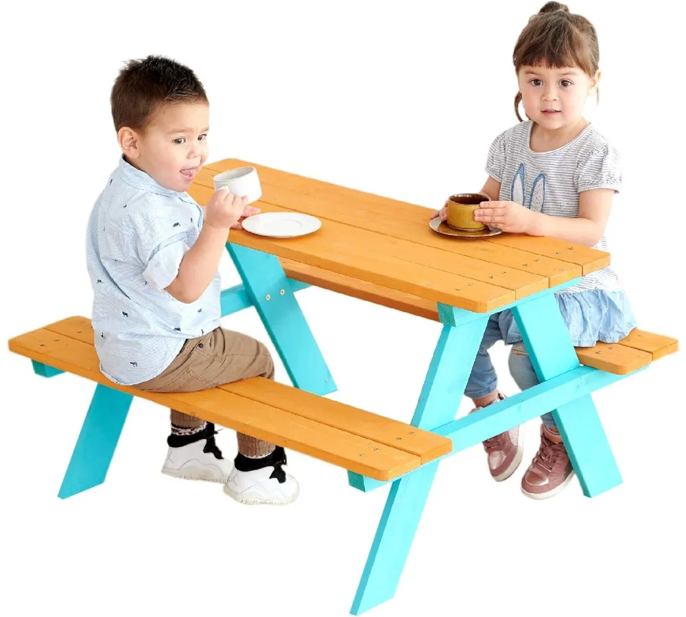 مجموعة طاولات ومقاعد خشبية للنزهات الخارجية للأطفال - صنوبر متين، سهل التجميع، لون مائي ممتع