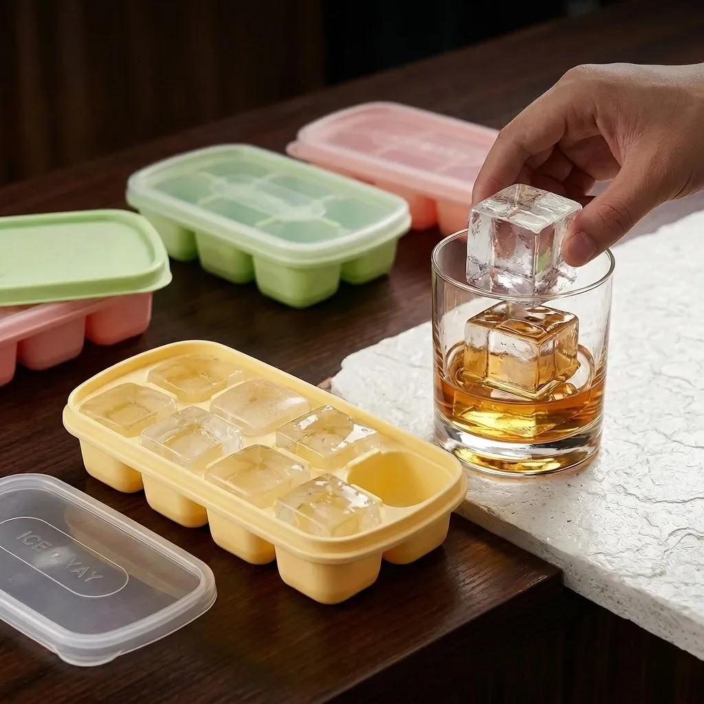 8 Grids Reusable Plastic Square Ice Cube Tray with Lid Whisky Cocktail Ice Mold Refrigerator Ice Cube Maker Kitchen Bar Tools