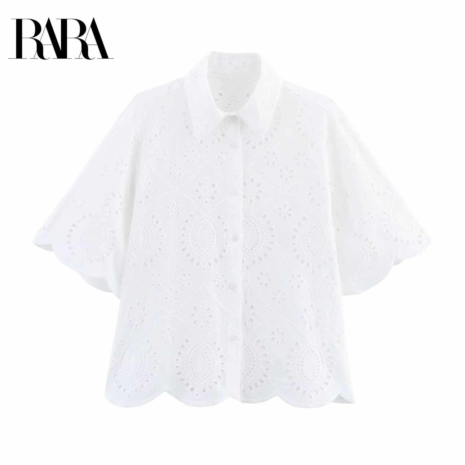 

RARA Women's Summer New Embroidered Hollow Out Decorated Casual Elegant Collared Short Sleeve Simple Short Shirt Top